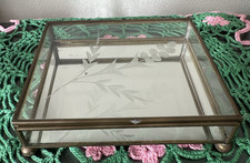 Vintage Glass Brass Mirror Bottom Floral Etched Trinket Jewelry Box 5" x 3.5"
