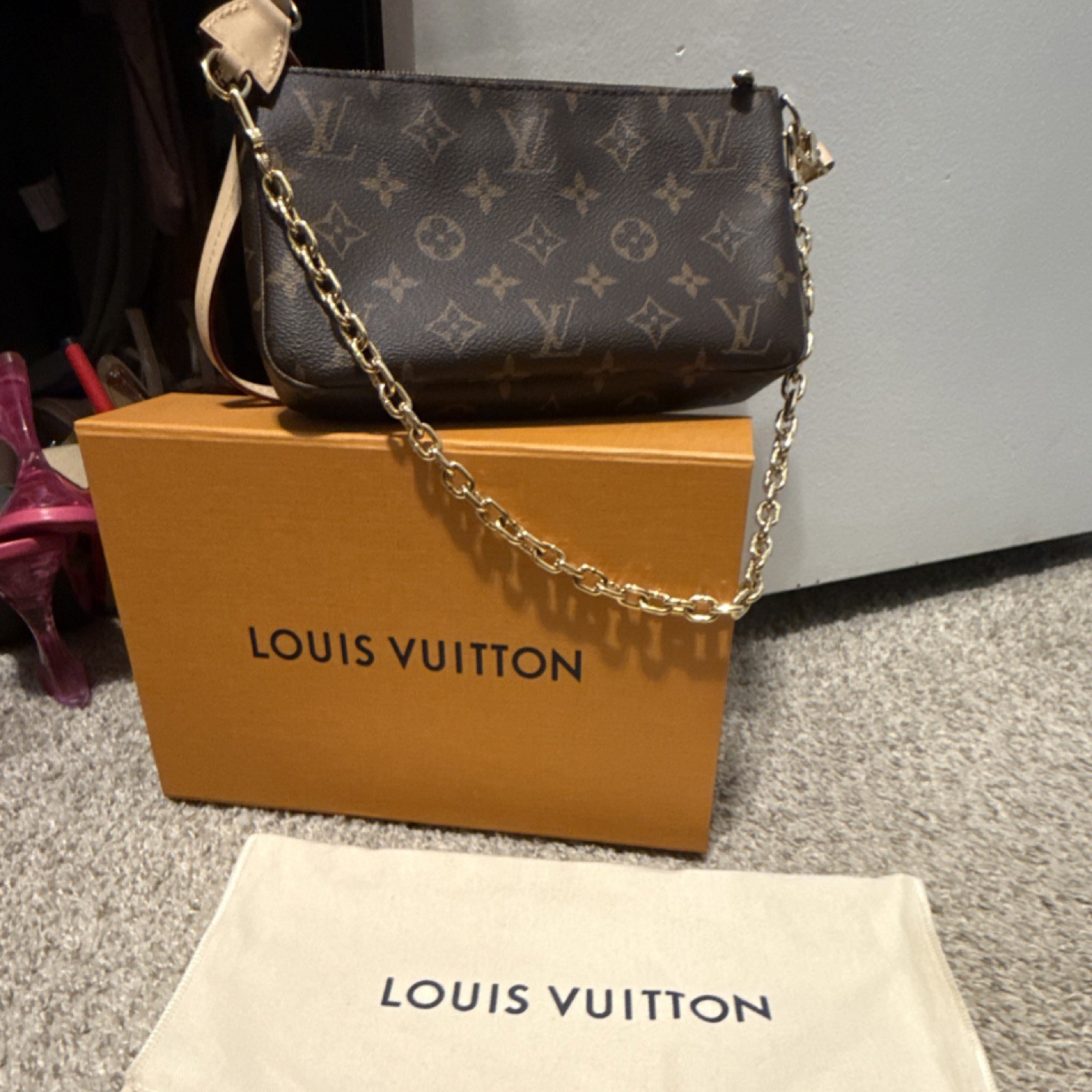 Louis Vuitton Pochette Monogram Shoulder Bag Brown Gold Chain Strap