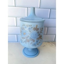 Vintage Blue Satin Glass Covered Apothecary Jar on Pedestal with Hand-Painted Floral Decoration — listing 6
