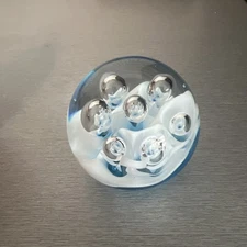 Vintage Glass Round Paperweight Small Blue White Bubbles