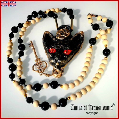 sphynx cat pendant jewelry pearl symbolic stones bead necklace golden silver key - Picture 5 of 24