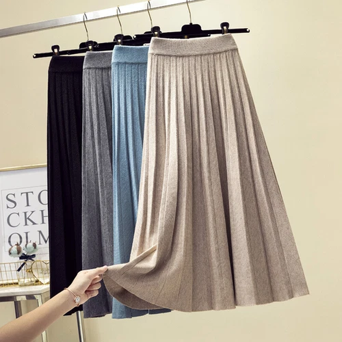 Women Fall Knitted Pleated Skirt Elastic High Waist Winter Swing A-line Casual - Bild 2 von 31