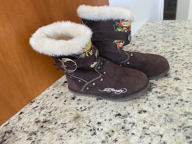 Botas de cuero de gamuza Christian Audigier marrón Ed Hardy, 28FBS102K, niños grandes talla 1 Foto 2 de 4