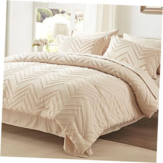 Comforter Set Tufted Bed in a Bag 7 Pieces with comforters and Queen Beige