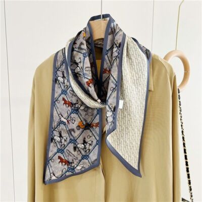 100% Mulberry Silk Shawl Horses Print Double Layer Neck Oblong Scarf Blue