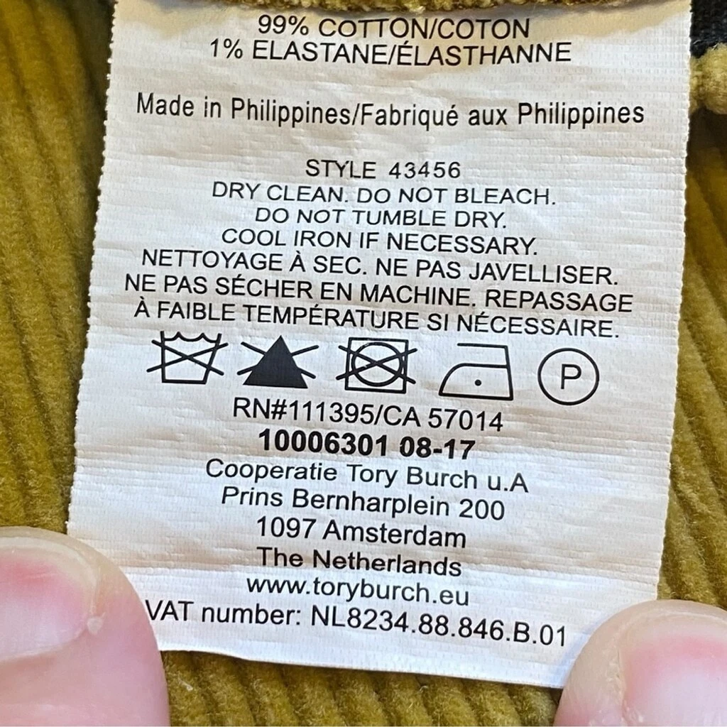 Tory Burch Devi pantaloni in velluto a coste giallo senape da donna taglia 32