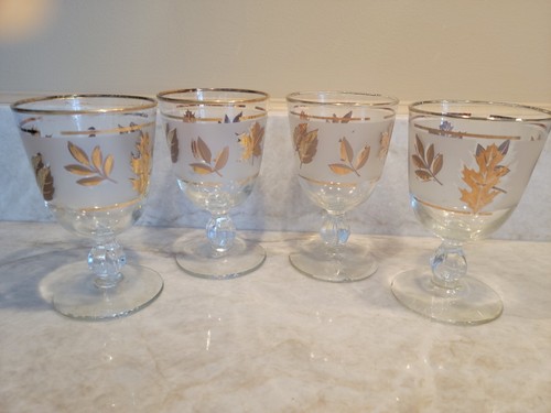 Vintage Libbey Gold Leaf Footed Water Wine Glasses Goblets X 4