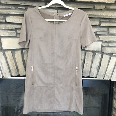 Tan Faux Suede Short Mini Dress or Tunic Top Small Gold Color Zippers Beige