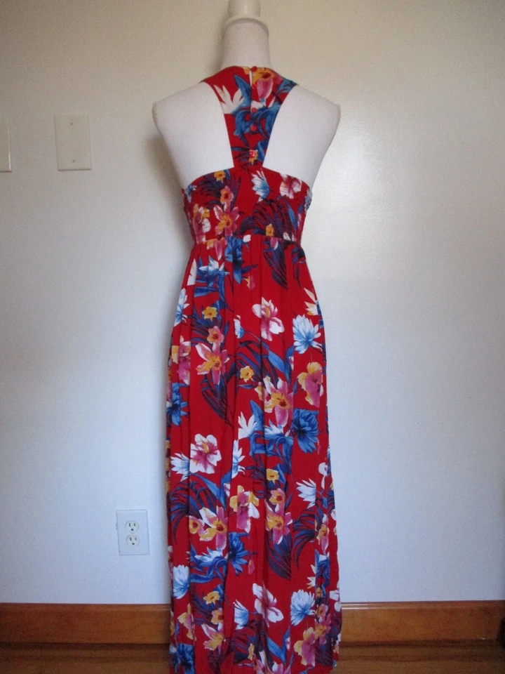 Handmade Long Hawaiian Dress Long Maxi Cinched Back Empire Red & Multi Floral XS - Image 3 of 4