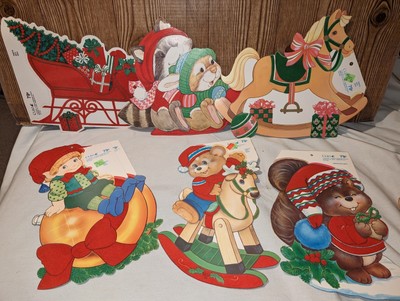 6x Vintage Die Cut Christmas Decoration CLEO Flocked Velvet Double Sided USA 13''
