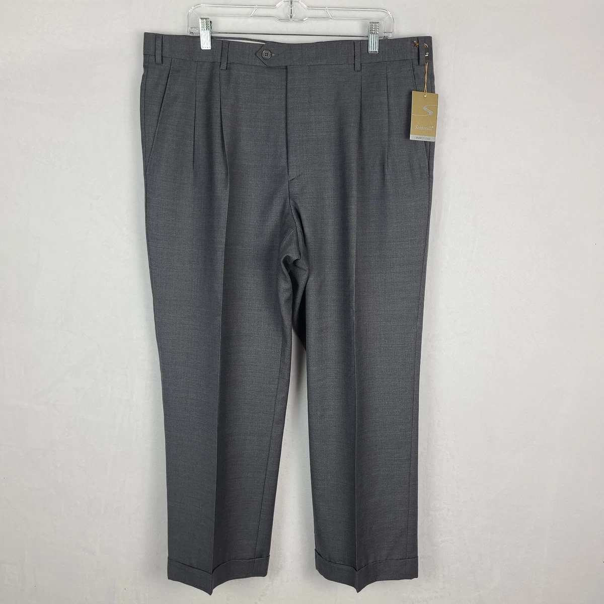 Santorelli Dress Pants Mens 38x27 Luxury Serge Pleated Cuffed Med Grey