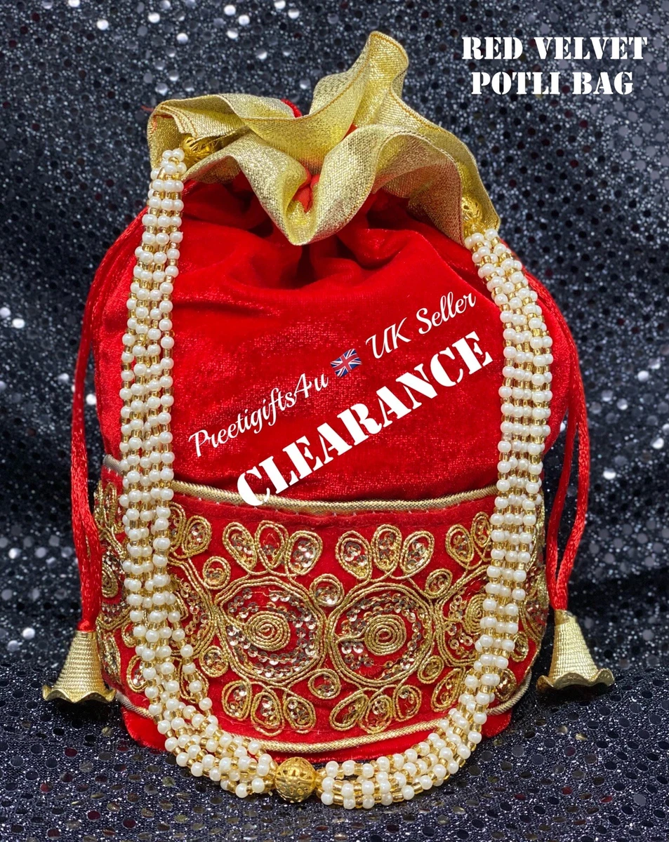 Potli Bag Red Velvet Drawstring Wedding Bridal Bag Embroidery