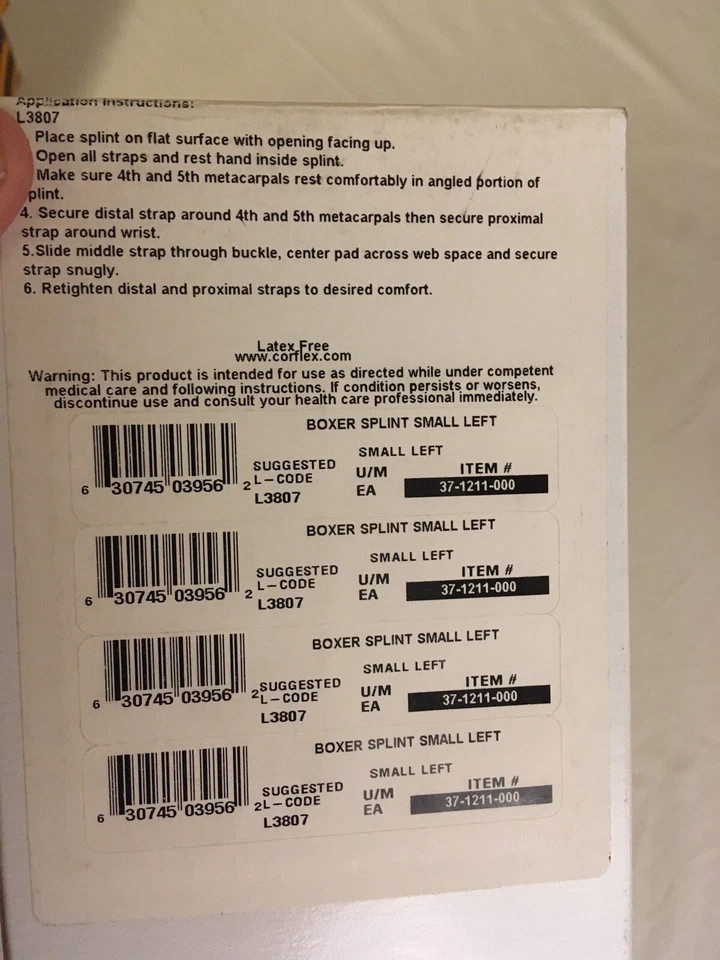 Coreflex Boxer Splint Small Left Wrist 4"-5" 4&5 MCP Item #37-1211-000 NIB FS! - Image 3 of 4