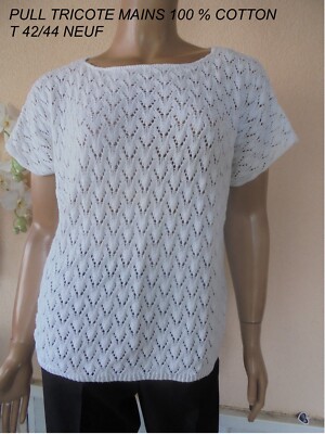 PULLOVER WEISS * HANDGESTRICKT* 100% BAUMWOLLE GR. 2 40/42/44 NEU