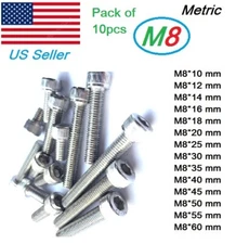 M8x1.25 Stainless Steel Full Thread Allen Hex Socket Cap Cylindrical Bolts 10pcs