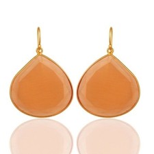 Natural Peach Moonstone 925 Sterling Silver Gold Plated Dangle Earring Jewelry