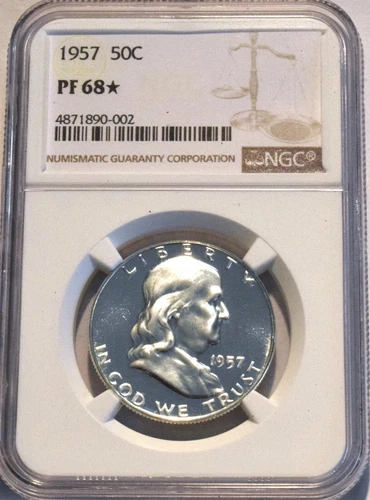 1957 50C NGC PF 68* STAR PROOF Franklin Half Dollar, GEM+++ Silver Type Coin