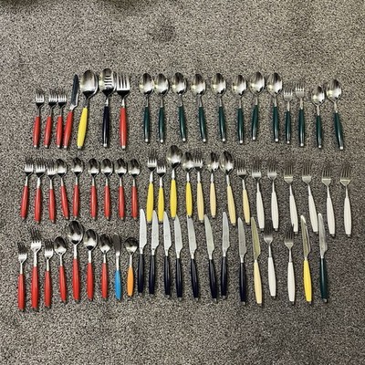 64 pc Lot Fiesta Stainless Cambridge Multi Color Flatware Set Forks Spoons More+