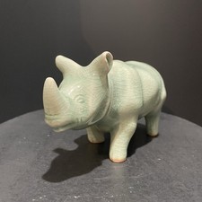 Vintage Bann Celadon ChiangMai Thai Green Crackled Glaze Rhino Statue Rhinoceros
