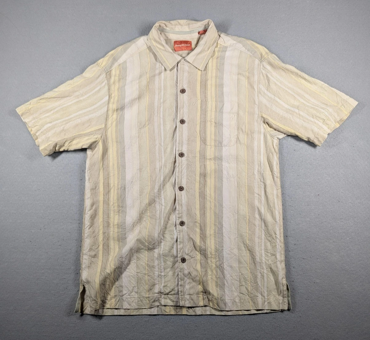 Tommy Bahama Shirt Mens Medium Beige Yellow Striped 100% Silk Button Up Casual