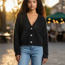 Marled Cardigan Sweater Womens Medium Black Fuzzy Rhinestone Buttons Cropped