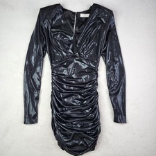 HOUSE Of CB ZANDRA Black Deep V Ruched Mini Bodycon Dress Long Sleeve M Rare