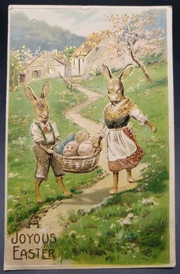 Easter Anthropomorphic Dressed BUNNIES Eggs Village Gold Embossed Postcard 1908