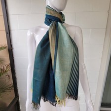 Handwoven Striped Scarf Teal Aqua Gold Boho Artisan Tassel Fringe Shawl Wrap