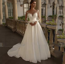 Elegant Simple Lace Satin Wedding Dress for Women Scoop Neck A-Line Sweep Train