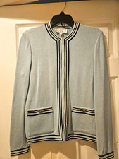 St. John Women's Blue Zip Front Jacket M Pockets Striped Trim Black/White
