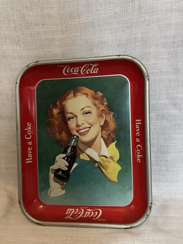Vintage 1950s Coca Cola Metal Serving Tray Red Hair Girl Drinking Coke 13x11