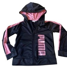 Puma Girls Black and Pink Full Zip Hooded Track Jacket Size 6 Logo Activewear