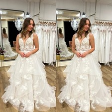 Elegant Wedding Dresses V Neck Ruffles Lace Appliques A Line Bridal Gown Train