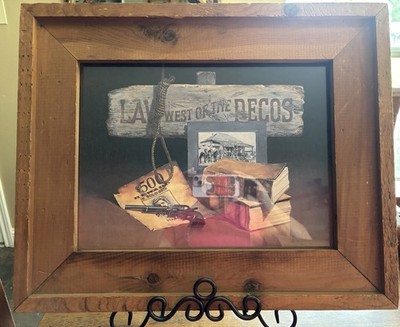 Vtg Russell E Hill Judge Roy Bean Law west of  Pecos Rustic Barnwood Framed Art