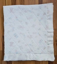 Vtg Baby Quilted Comforter Baby Blanket Pink Bunny Blue Bear White Satin Trim