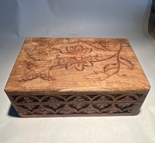 Hand Carved Wood Floral Hinged Decorative Trinket Box Brown 7x4.75x2 Small chip