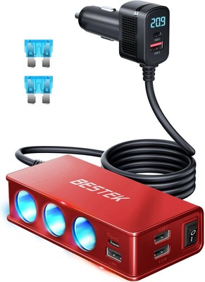 BESTEK Cigarette Lighter Splitter Adapter: 9 in 1 Car Charger 148W red 