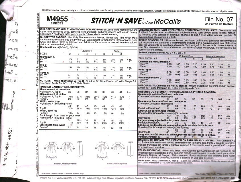 4955 Vintage McCalls SEWING Pattern Girls Top Pajamas Pants Nightgown PJs CUT 5 - Image 2 of 2