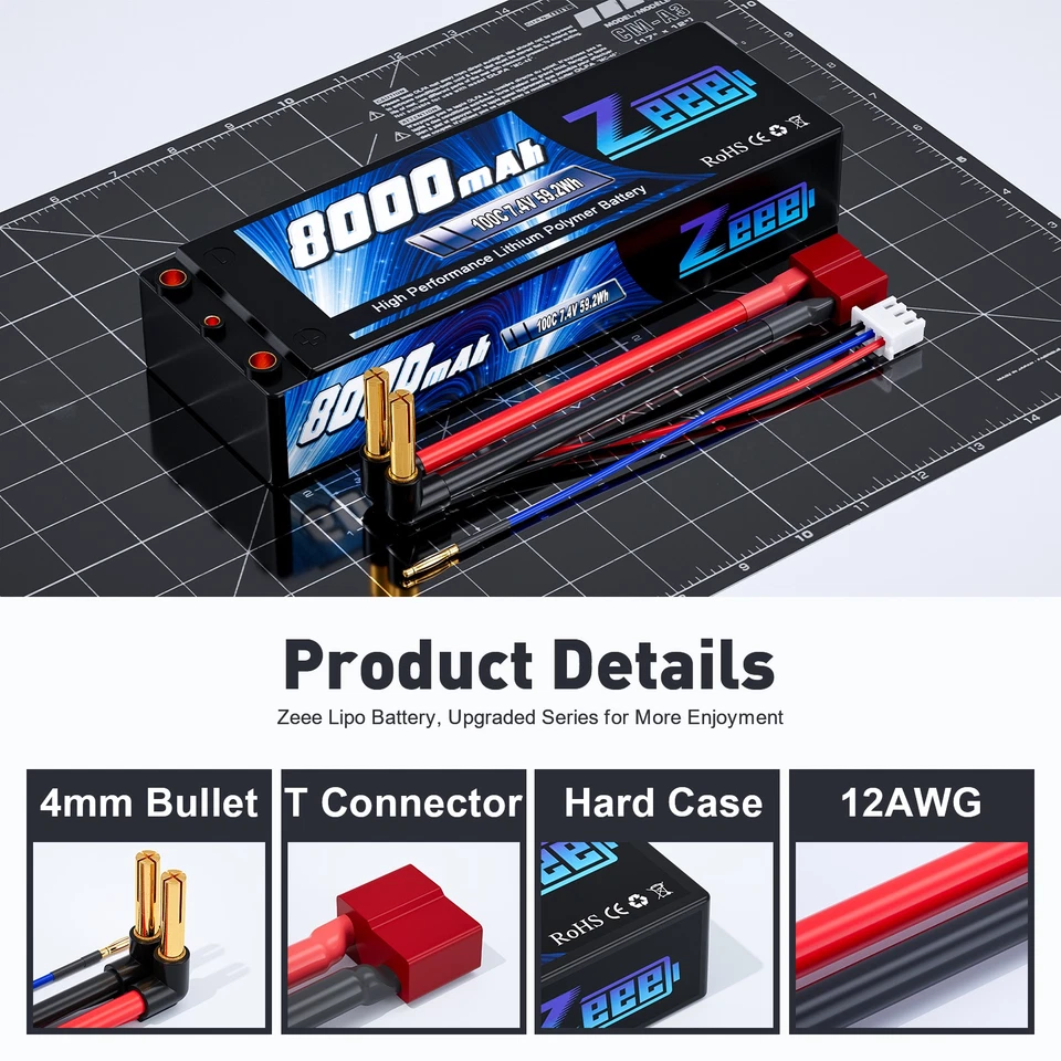 2x Zeee 2S Lipo Akku 7,4V 8000mAh 100C 4mm Bullet to T lipo für RC Auto Flugzeug - Bild 2 von 4