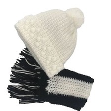 Handmade Girl  s Knit Pom Pom Hat And Scarf Set Black And White