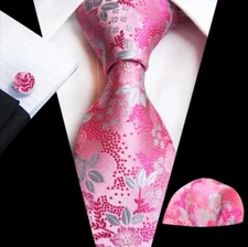 Pink Floral Necktie Set with Handkerchief and Cufflinks