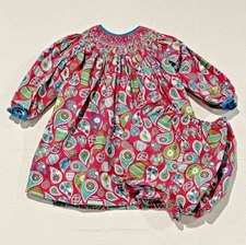 Petit Ami Bright Pink Multicolor Paisley Smocked Dress w Bloomers 12M EUC