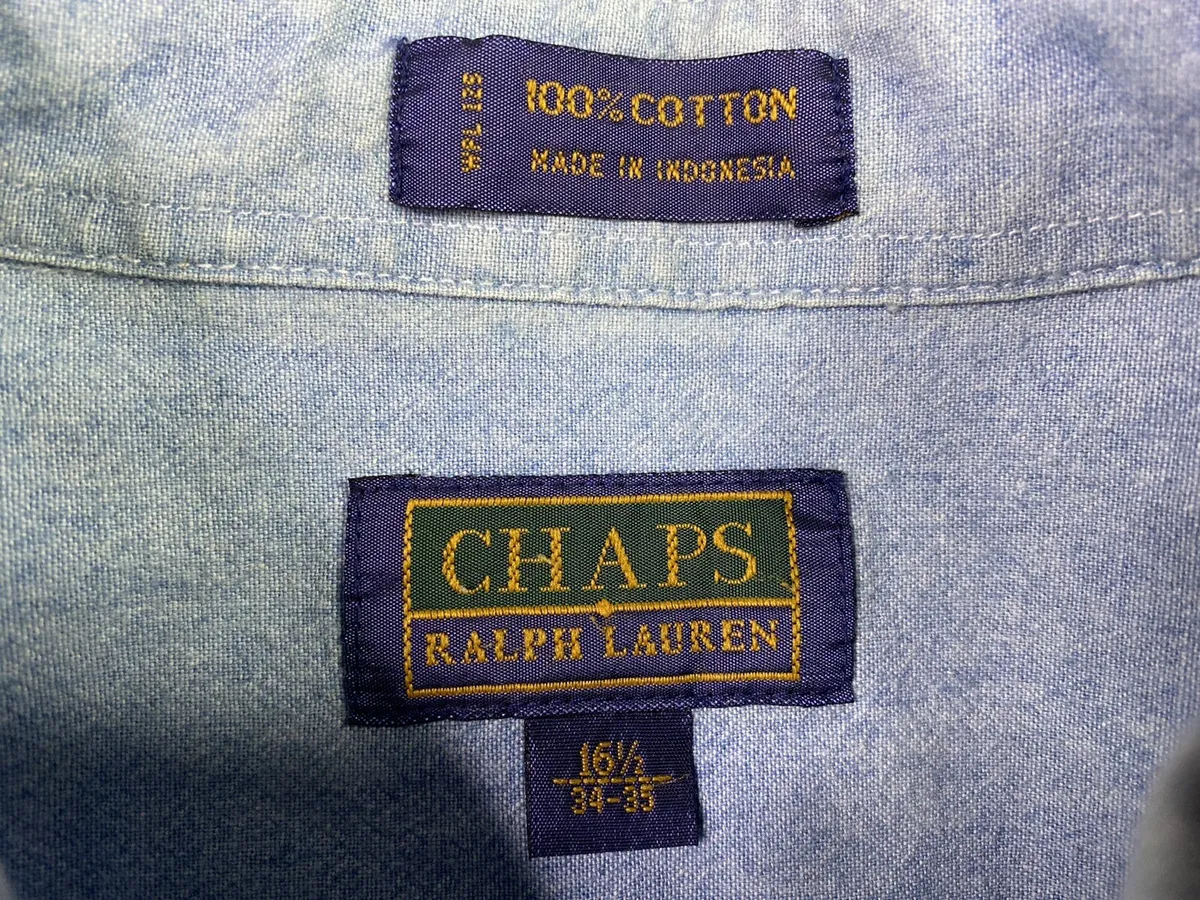 Vintage 80s Chaps Ralph Lauren Button Down Denim Shirt 16 1/2 34-35 Blue P1
