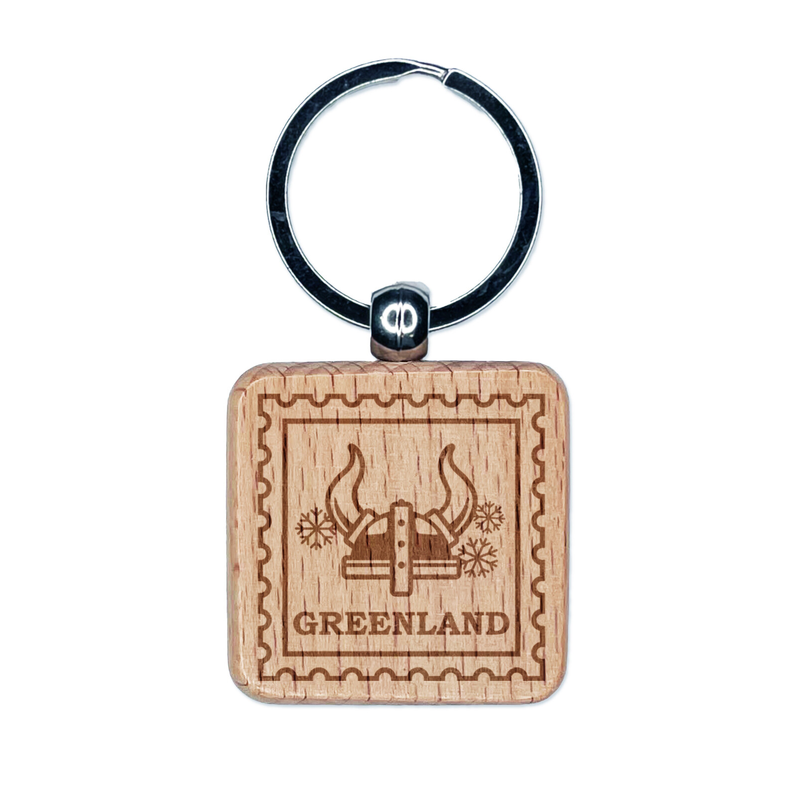 Greenland Travel Viking Helmet Engraved Wood Square Keychain Tag Charm