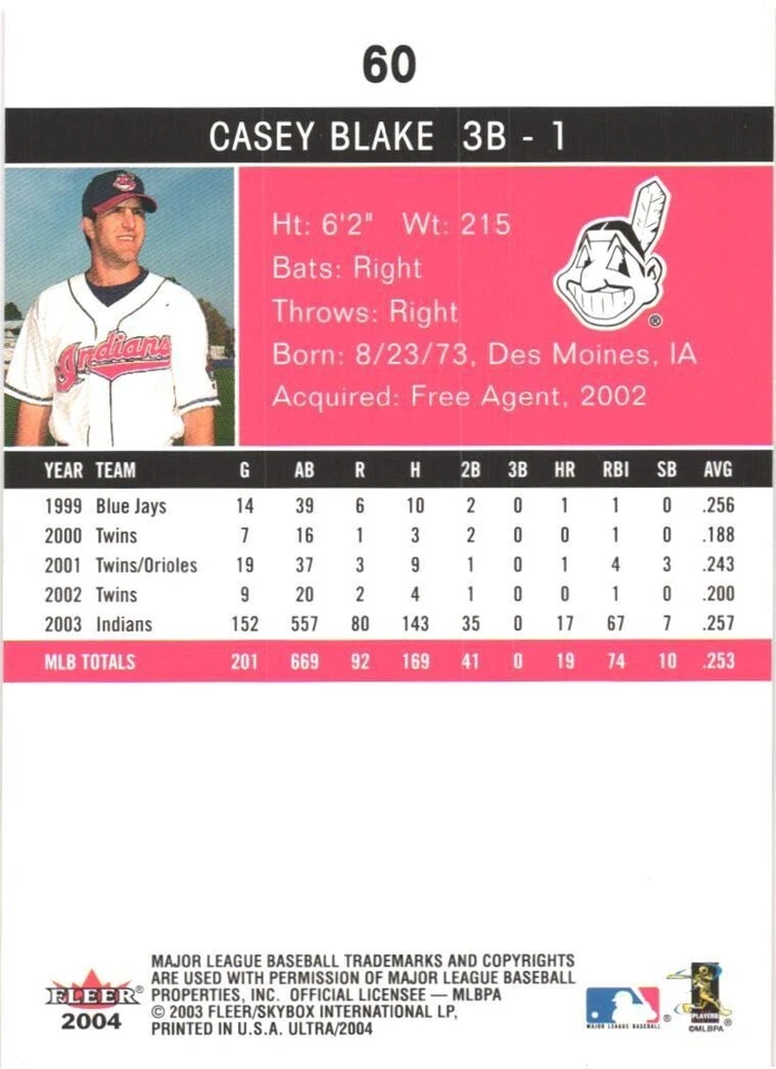 2004 Ultra #60 Casey Blake Cleveland Indians  Baseball Card - Image 2 of 2