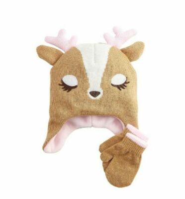 Baby Girl Winter Reindeer Hat & Mittens Trapper Hat Knit with Fleece Lining