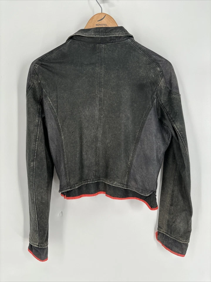 VTG 90s DOMA Black Luxury Leather Moto Jacket Cropped Coat Bomber Full Zip Sz 2 - Image 2 of 4