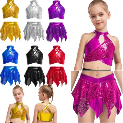 Pink Sequin Skirt Outfit Kids Girls Crop Top With Skirt Stage Vest