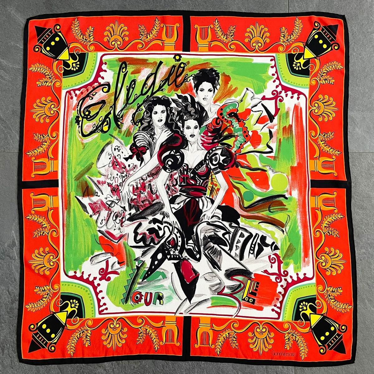 GIANNI VERSACE orange silk scarf Bambole Dolls print 34