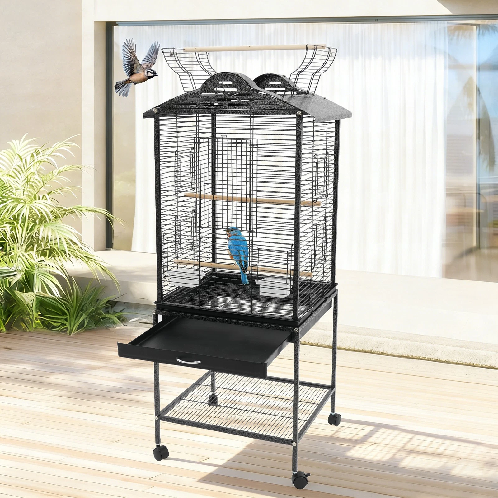 32.68in Height Freestand Bird Cage Bird Flight Cage With Rolling Stand Shelf